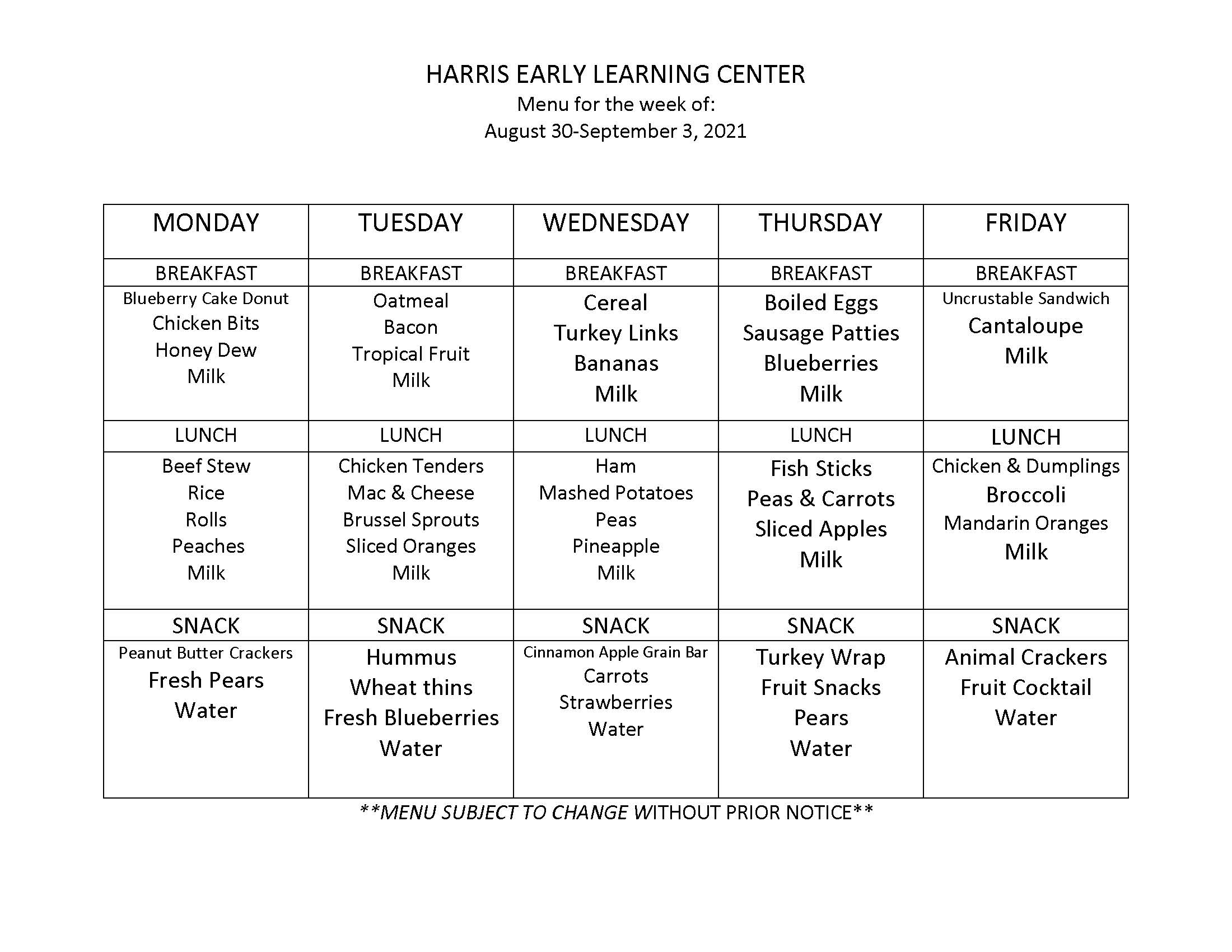 Menu The Elmer and Glenda Harris Early Learning Center