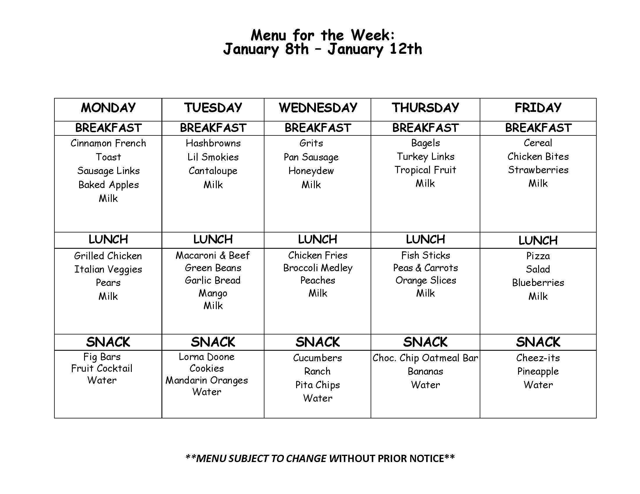 Weekly Menu The Elmer and Glenda Harris Early Learning Center